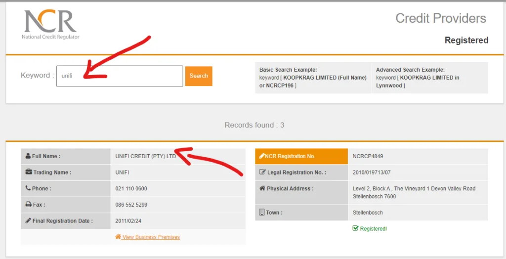 Search for active and registered credit providers in South Africa